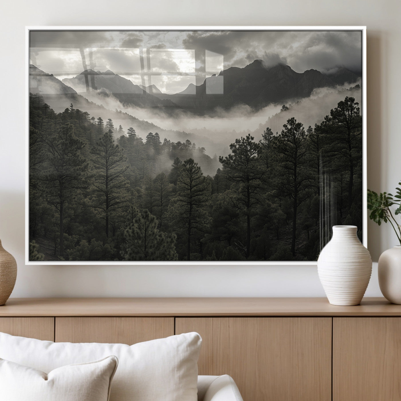 MGV-FP-36X24-3P - Misty Mountain Forest Wall Art – Canvas Print of Cloudy Peaks, Tranquil Pines, Enchanted Landscape, Majestic Nature Decor for Home or Office