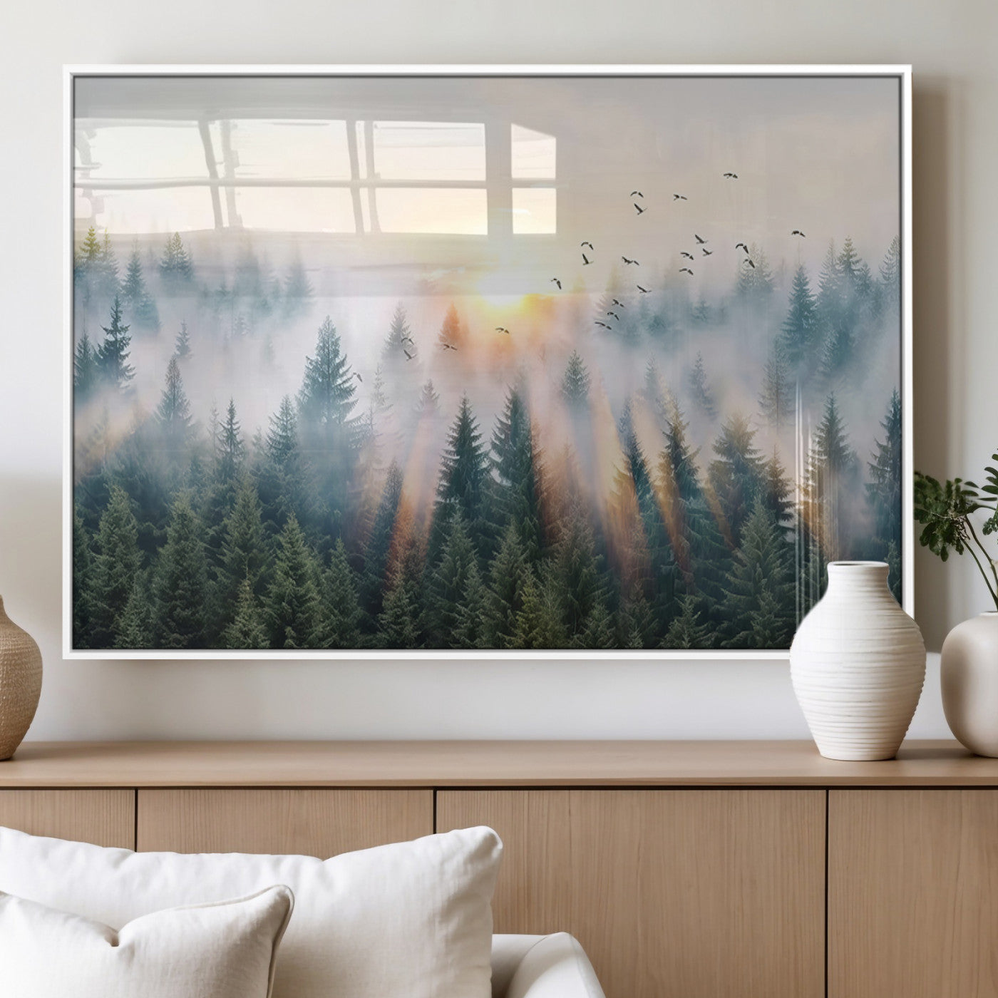 MGV-FP-60X30-3P - Misty Pine Forest Wall Art Canvas, Sunrise Over Foggy Trees Canvas for Home - Office, Framed