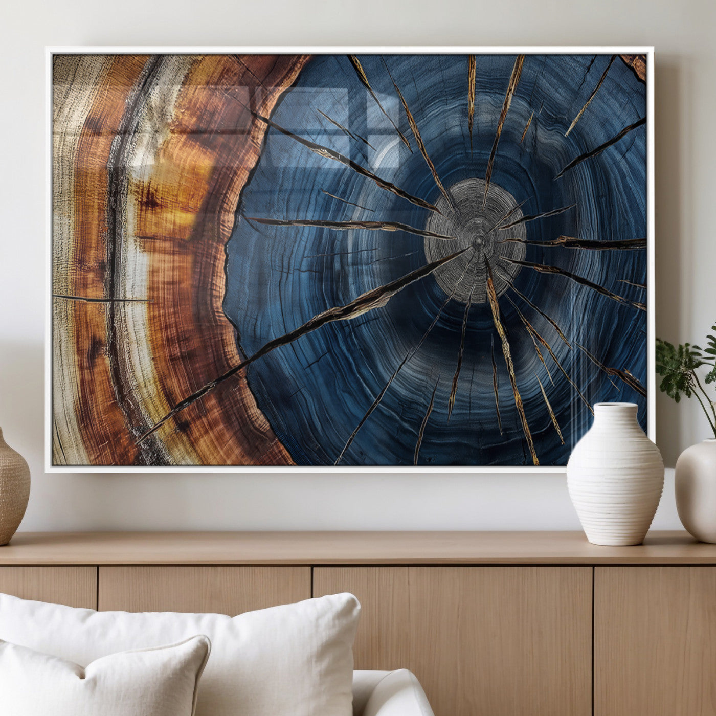MGV-FP-36X24-3P - Framed Abstract Tree Ring Wall Art Print, Natural Rustic Wood Texture Canvas Print, Wood Tree Stump