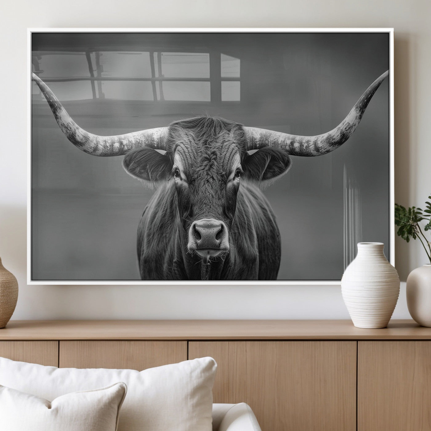 MGV-FP-36X24-3P - Framed Texas Longhorn Bull Art Canvas Print, Western Bull Wall Art Print, Long Horn Bull Photo Print
