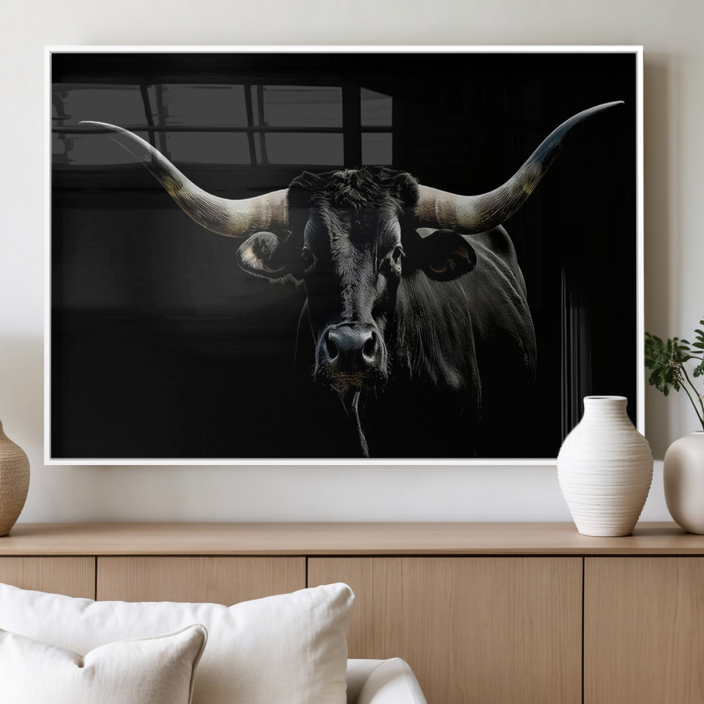 MGV-FP-60X30-3P - Texas Black Bull Wall Art Print, Longhorn Bull Canvas Wall Art