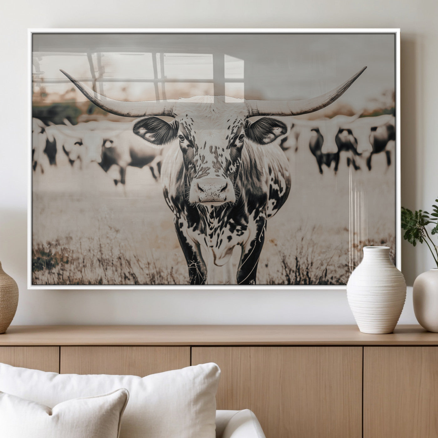 MGV-FP-60X30-3P - Texas Longhorn Wall Art Canvas Print, Framed Speckled Cow Art Picture Print, Horned Cattle Perfect Rustic Western Decor Artwork