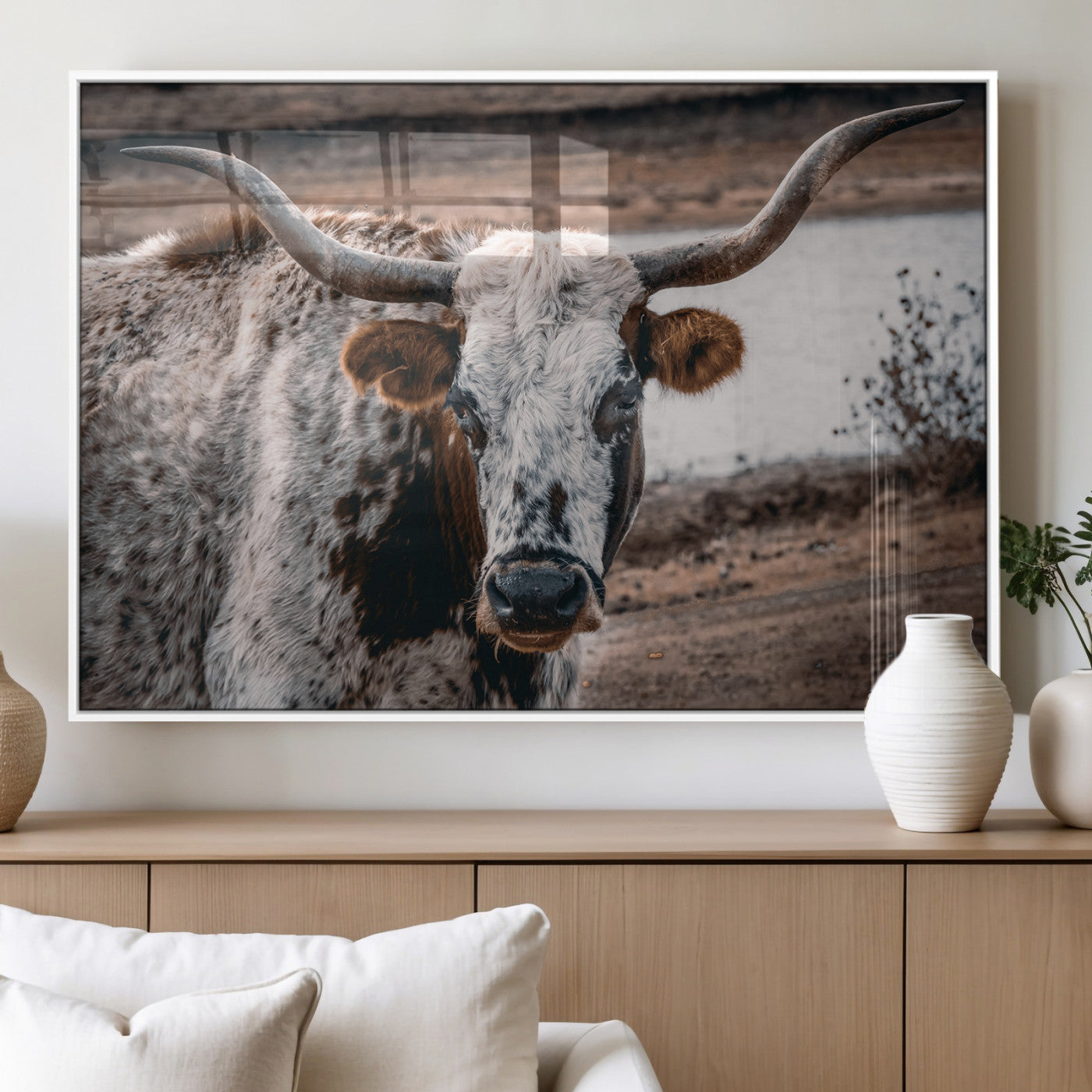MGV-FP-60X30-3P - Texas Longhorn Wall Art Canvas Print, Framed Spotted Cow Art Picture Print, Horned Cattle Perfect Rustic Western Decor Artwork
