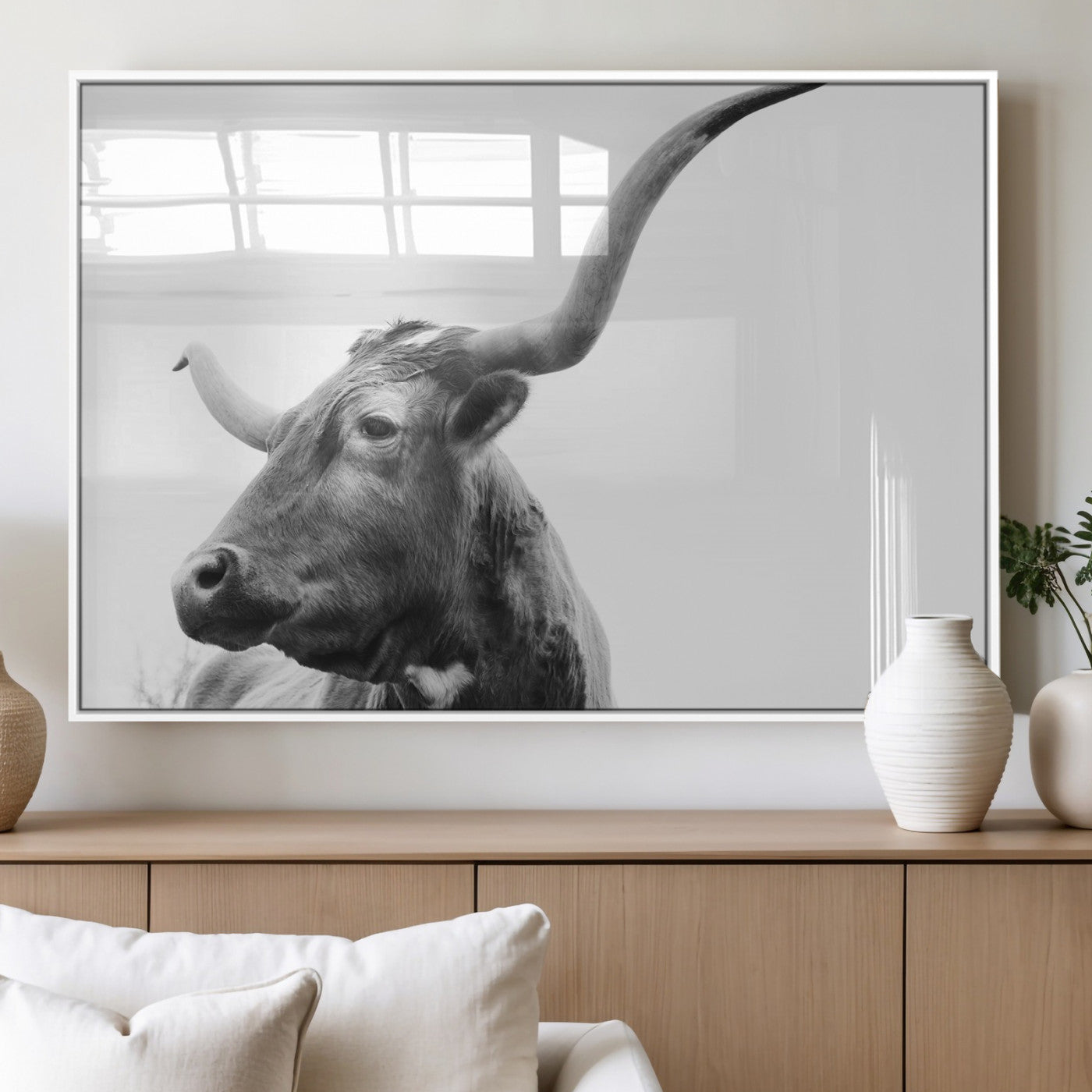 MGV-FP-60X30-3P - Longhorn Wall Art Wall Art Canvas Print, Framed Modern Ranch Style Art Art Picture Print, Monochrome Cow Print Perfect Rustic Western Decor Artwork