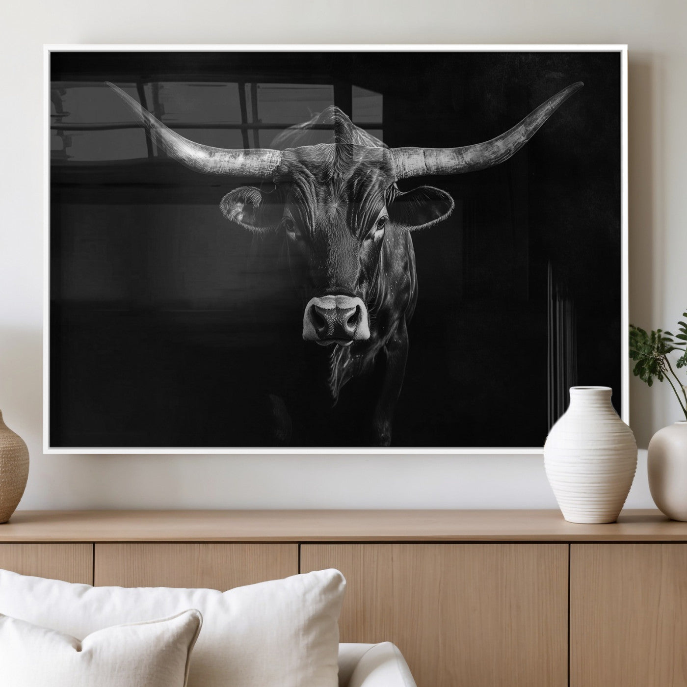 MGV-FP-60X30-3P - Texas Longhorn Wall Art Canvas Print, Framed Monochrome Bull Art Picture Print, Horned Bull Perfect Rustic Western Decor Artwork