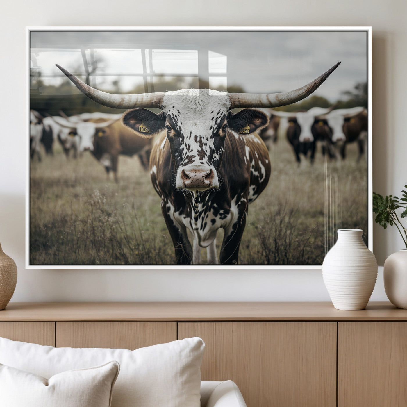 MGV-FP-36X24-3P - Majestic Longhorn Cow Wall Art – Canvas Print of Intricate Fur & Sharp Horns Earthy Tones Serene Landscape, Rustic Charm Decor for Living Room, Office or Bedroom