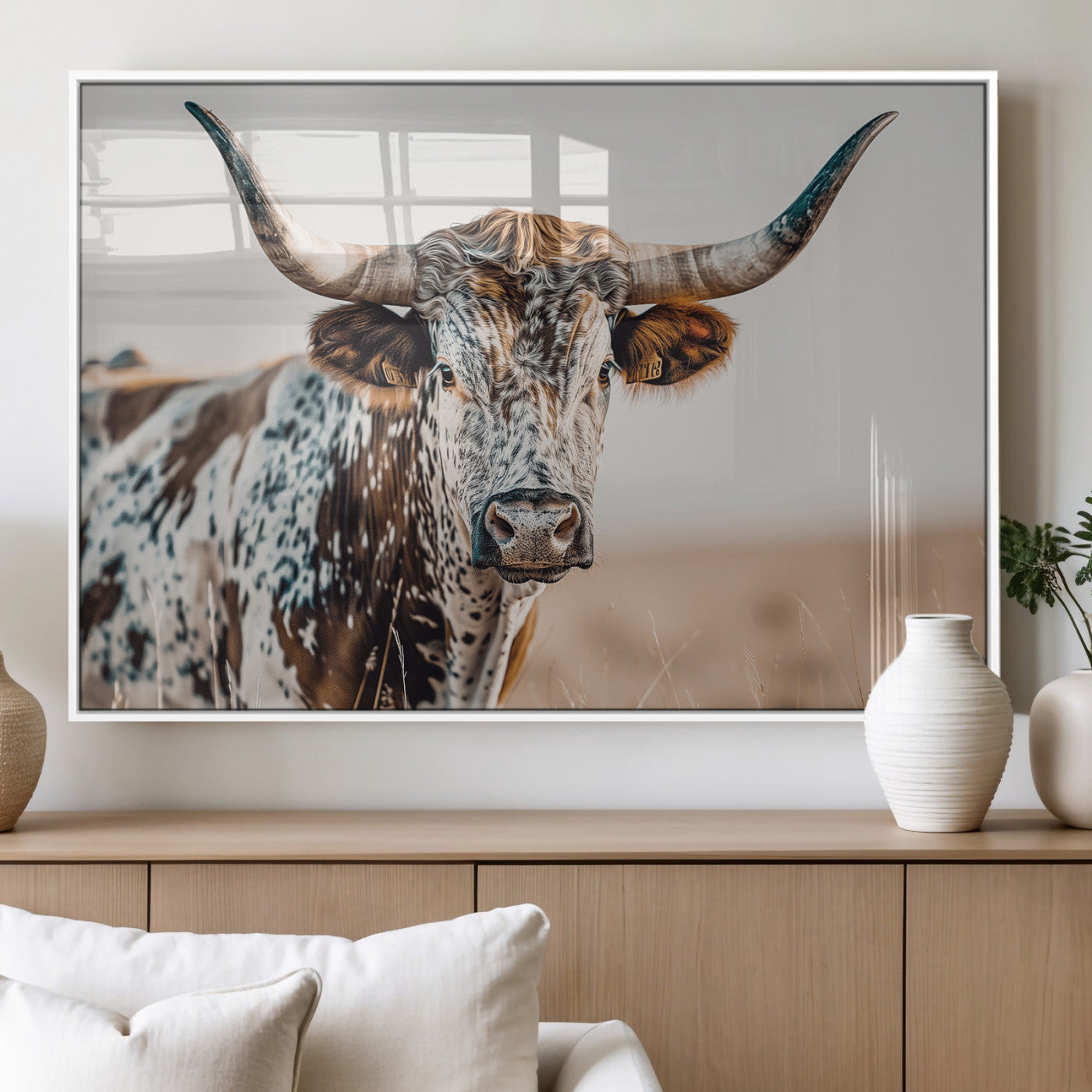 70414966-MGV-FP-36X24-3P - Majestic Longhorn Wall Art – Canvas Print of Strong Stance Intricate Fur & Sharp Horns Rustic Elegance & Timeless Wild Beauty Decor for Living Room, Office or Bedroom