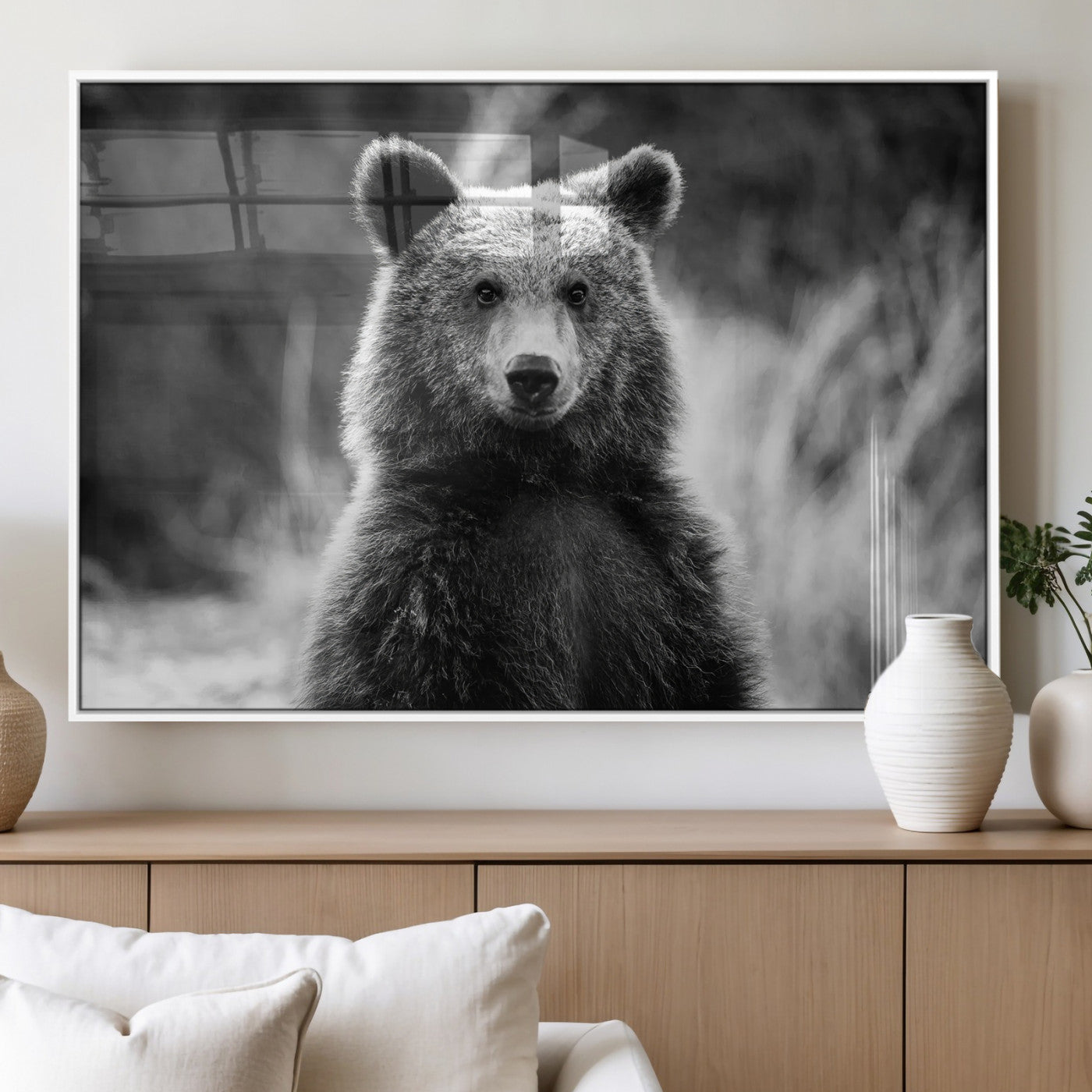 MGV-FP-60X30-3P - Grizzly Bear Wall Art Canvas Print, Framed Black White Bear Art Picture Print, Wild Bear Perfect Rustic Wildlife Decor Artwork