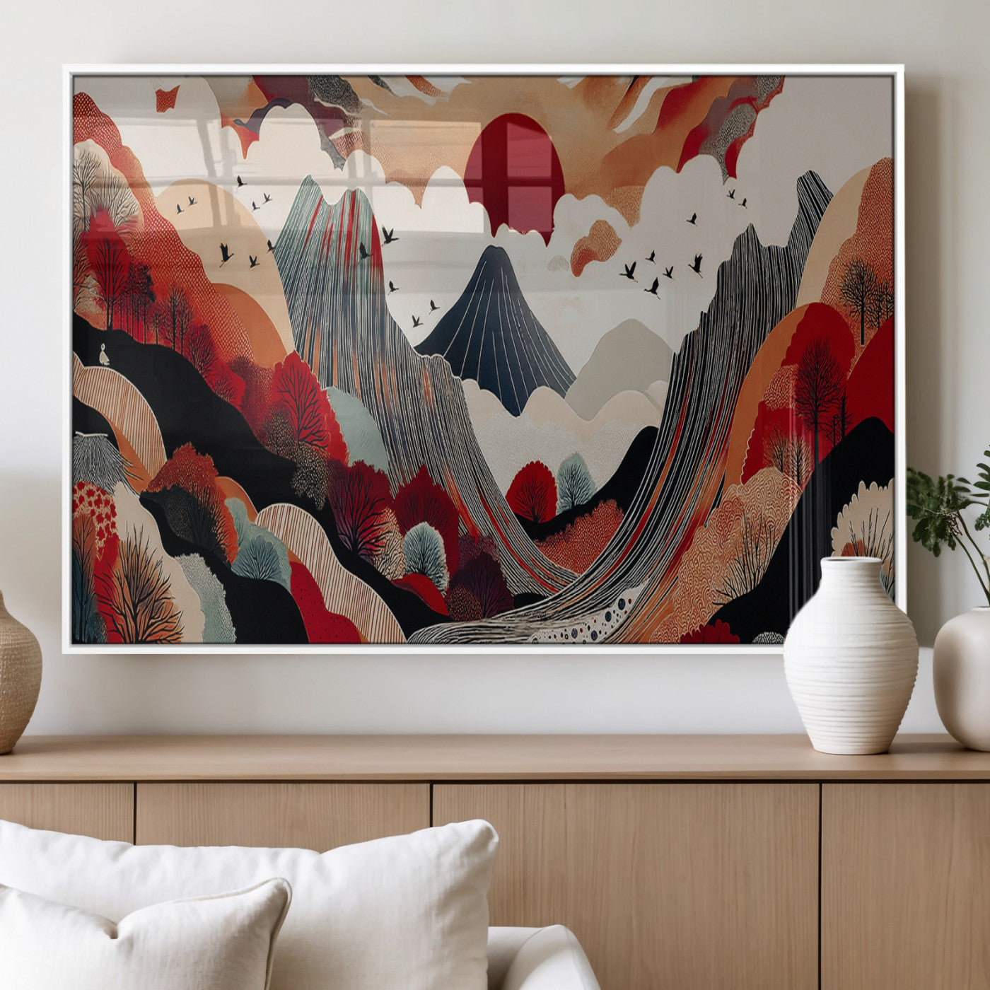 MGV-FP-60X30-3P - Abstract Mountain Wall Art Canvas Print, Framed Vibrant Landscape Art Picture Print, Stylized Nature Drawing Perfect Contemporary Minimalist Decor Artwork