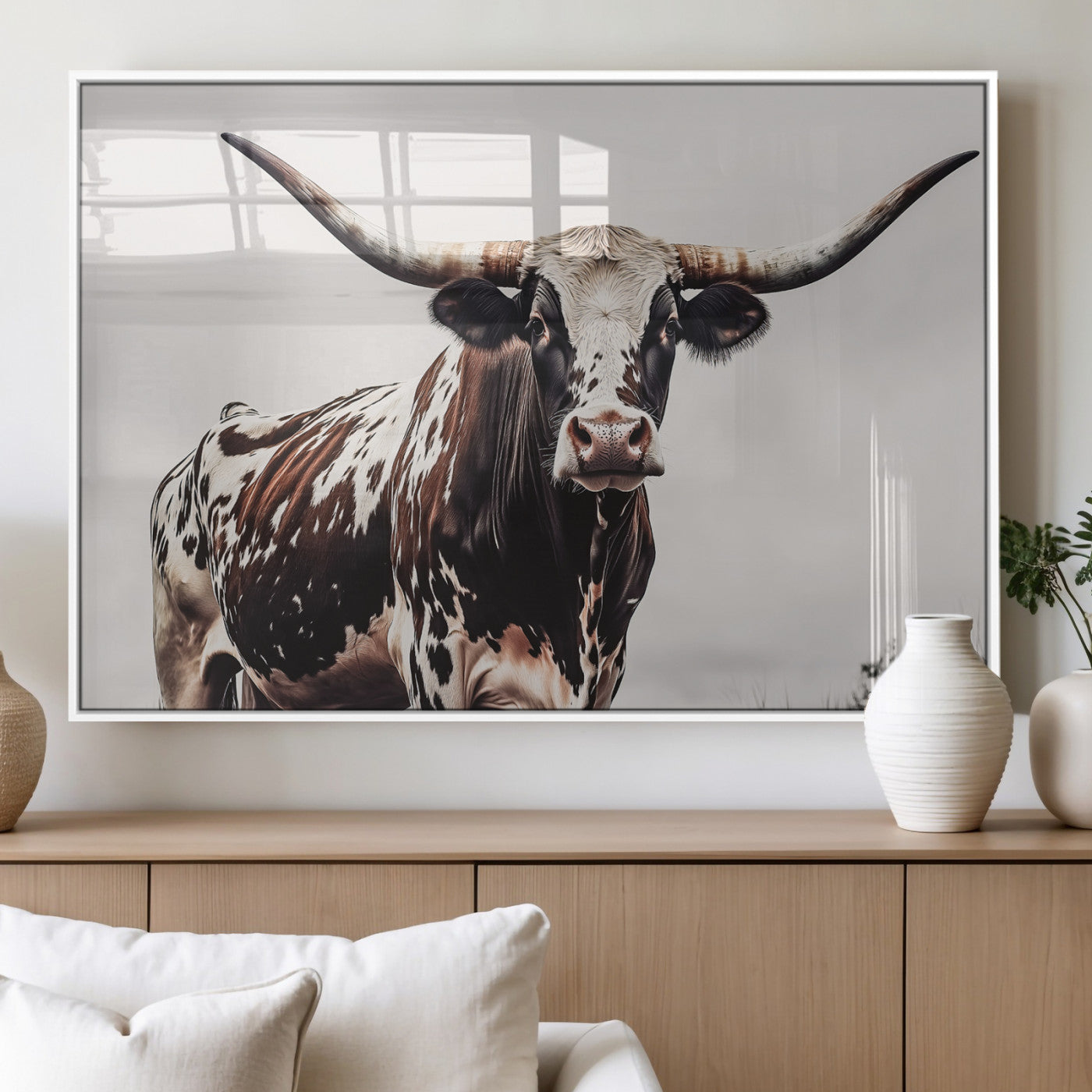 Close-up of a Texas Longhorn bull with powerful horns, perfect for rustic farmhouse or country-themed home decor. Ideal for animal lovers.