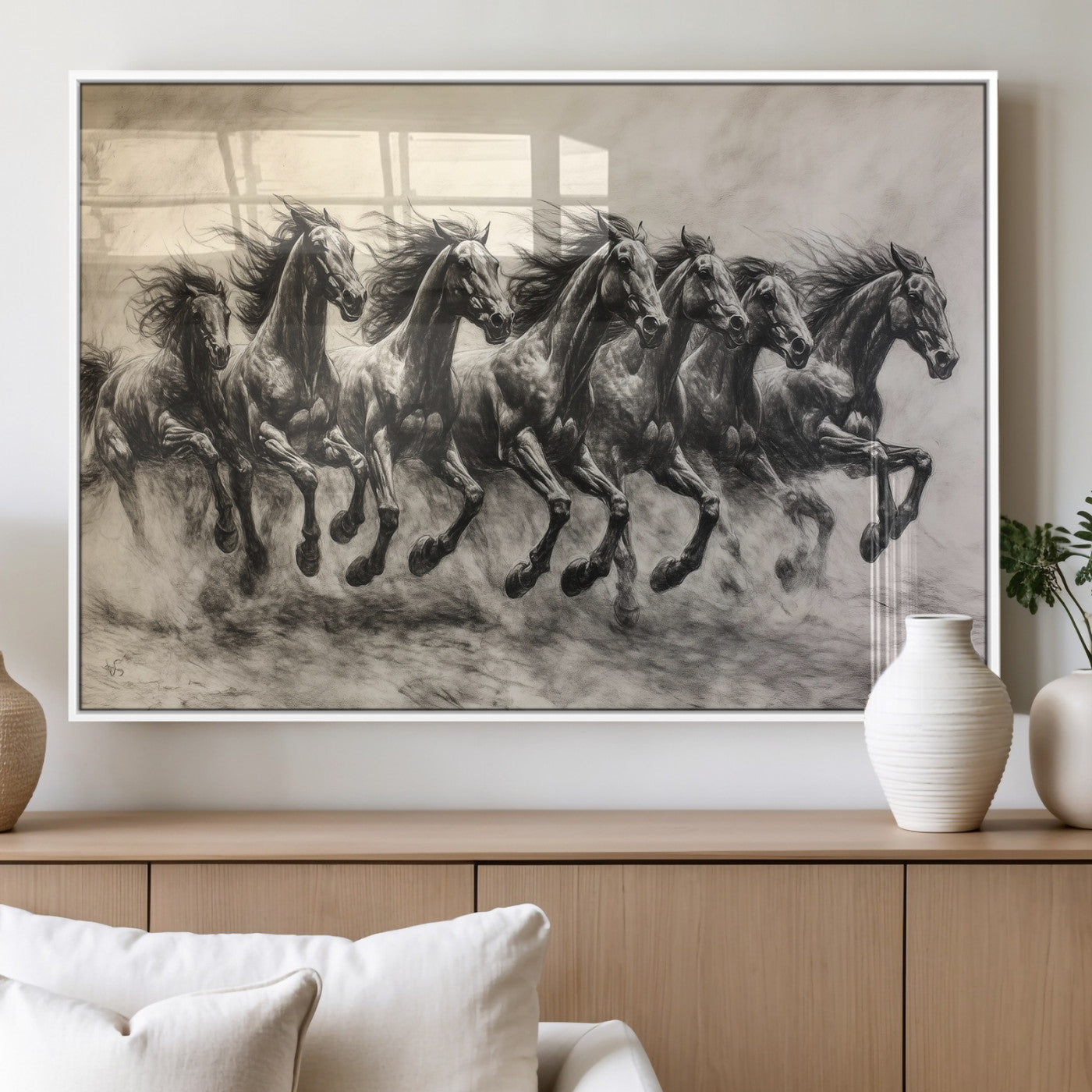 Monochrome drawing of a herd of galloping horses, perfect for dynamic and wild-themed decor in any equestrian or nature-inspired room.