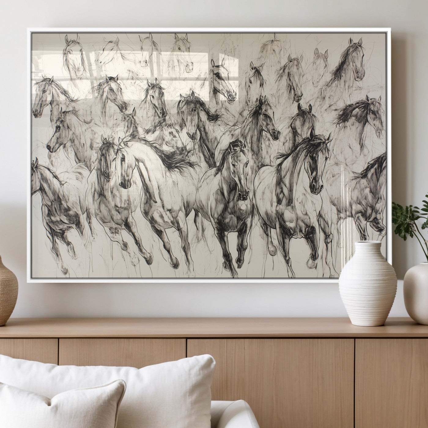 Monochrome ink sketch of galloping horses in dynamic motion, perfect for western or equine-themed wall decor with bold artistic energy.