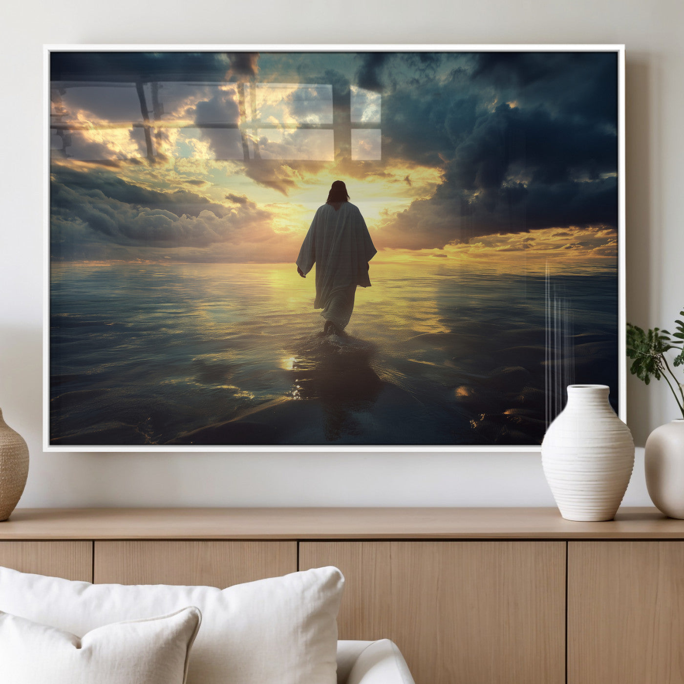 Spiritual artwork of Jesus walking on water at golden hour with divine light, ideal for Christian home decor or prayer room.