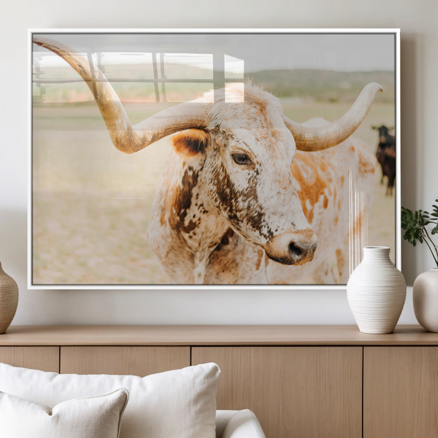 Close-up of a speckled Texas Longhorn in warm prairie tones, perfect for rustic western or countryside-themed room decor.