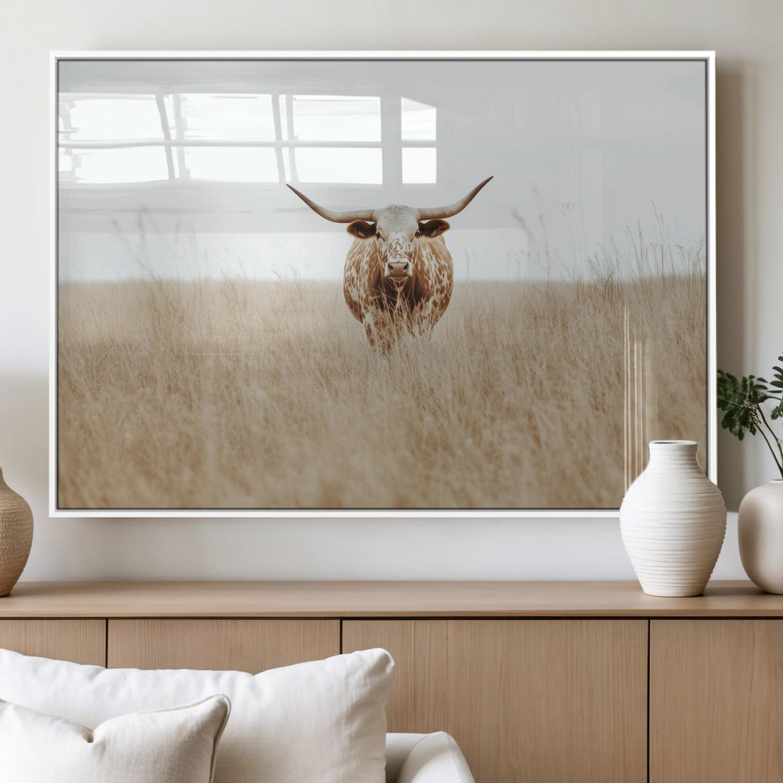 Texas Longhorn Wall Art Canvas Print, Framed Lone Cattle and Longhorn Bull Scene