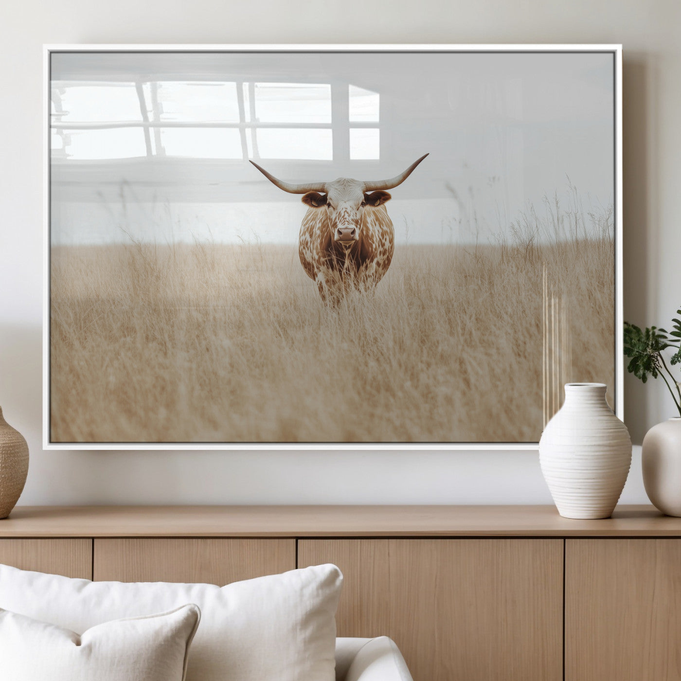 Texas Longhorn bull standing alone in dry grass with neutral tones, ideal for rustic western or cowboy-themed wall decor.