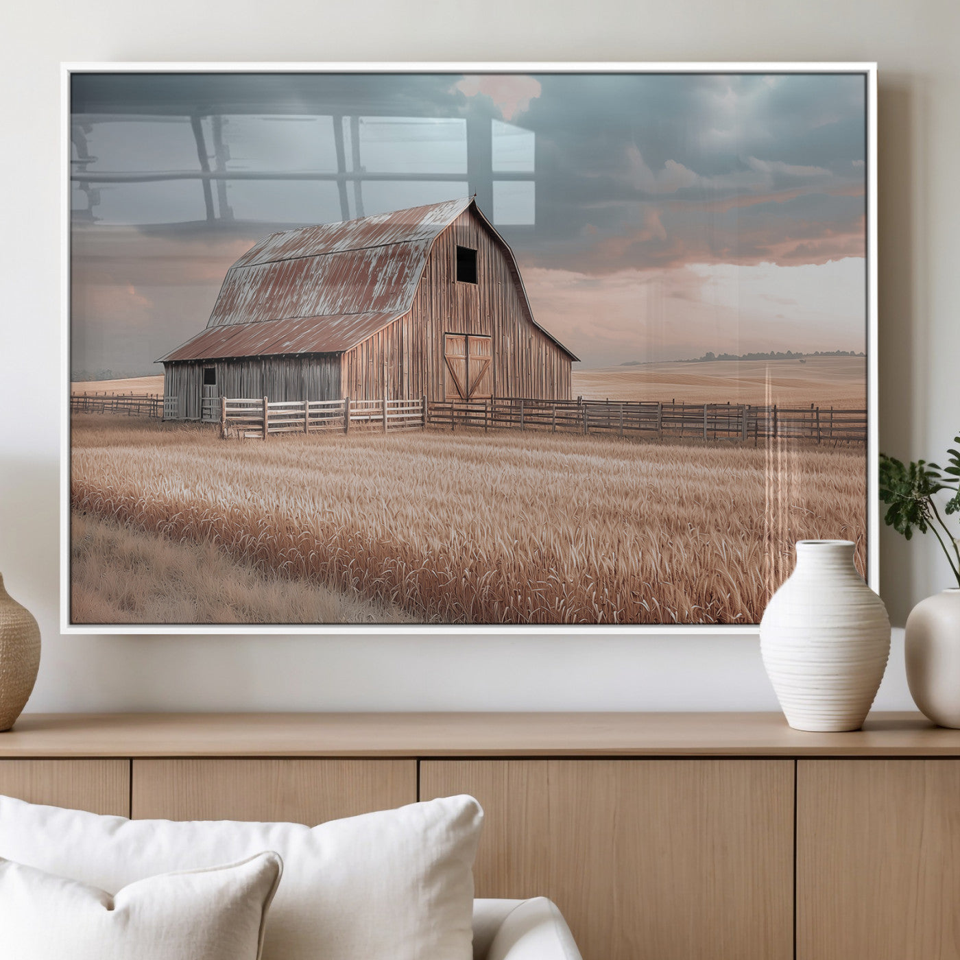 Framed canvas of a rustic barn in a golden wheat field under soft skies, ideal for vintage farmhouse or country-style wall decor.