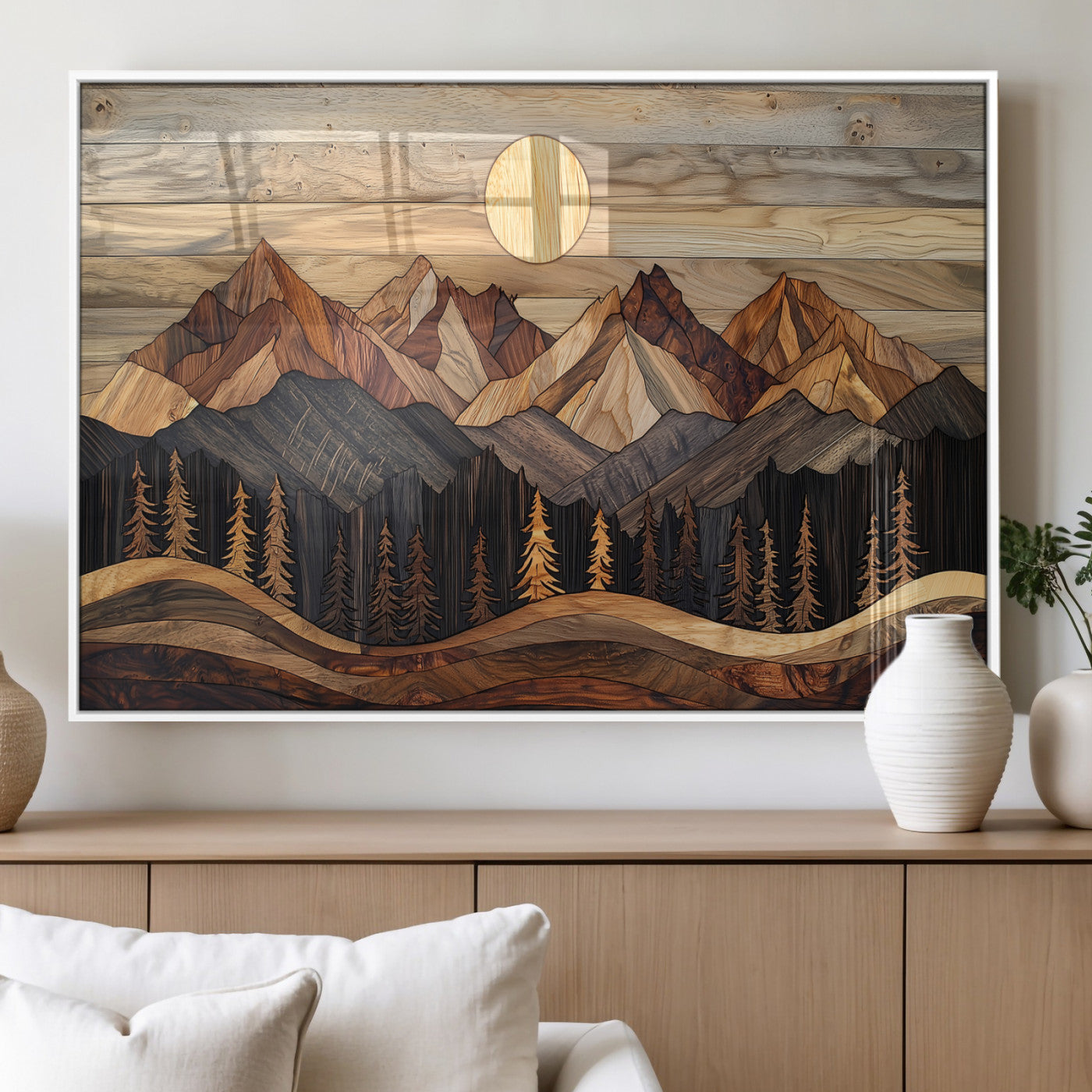 MGV-FP-36X24-3P - Wood Mountain Wall Art Canvas Print, Framed Boho Wood Art Picture Print, Abstract Woodland Perfect Farmhouse Decor Artwork