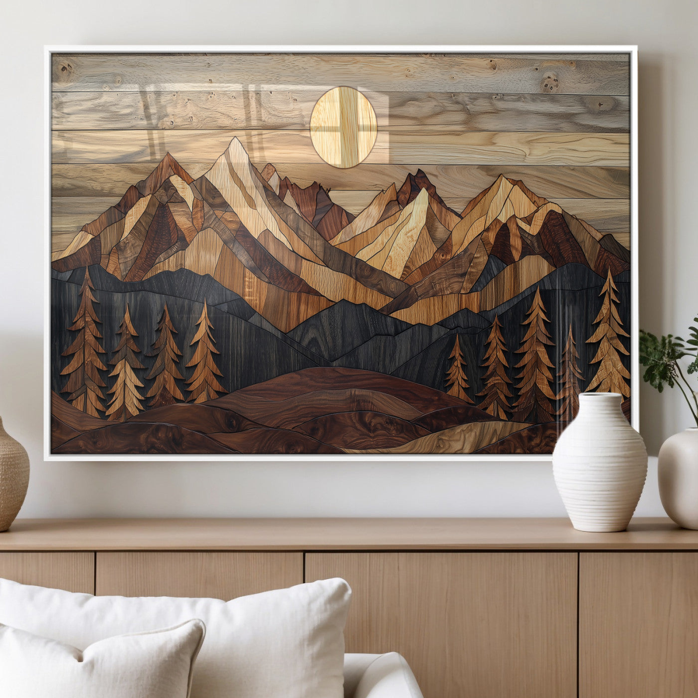 MGV-FP-60X30-3P - Wood Mountain Landscape Wall Art Canvas Print, Framed Sunset Hills Art Picture Print, Abstract Nature Perfect Boho Decor Artwork