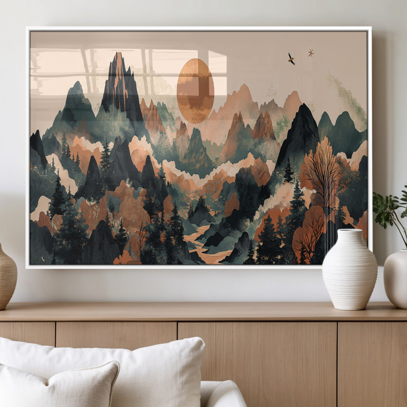 MGV-FP-60X30-3P - Wood Mountain Landscape Wall Art Canvas Print, Framed Sunset Hills Art Picture Print, Abstract Nature Perfect Boho Decor Artwork