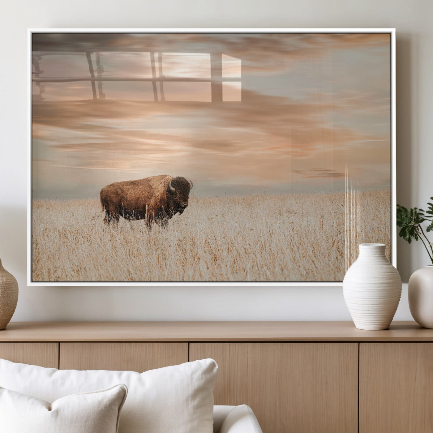MGV-FP-60X30-3P - Bison Wall Art Canvas Print, Framed Buffalo Art Picture Print, Western Prairie Perfect Rustic Decor Artwork