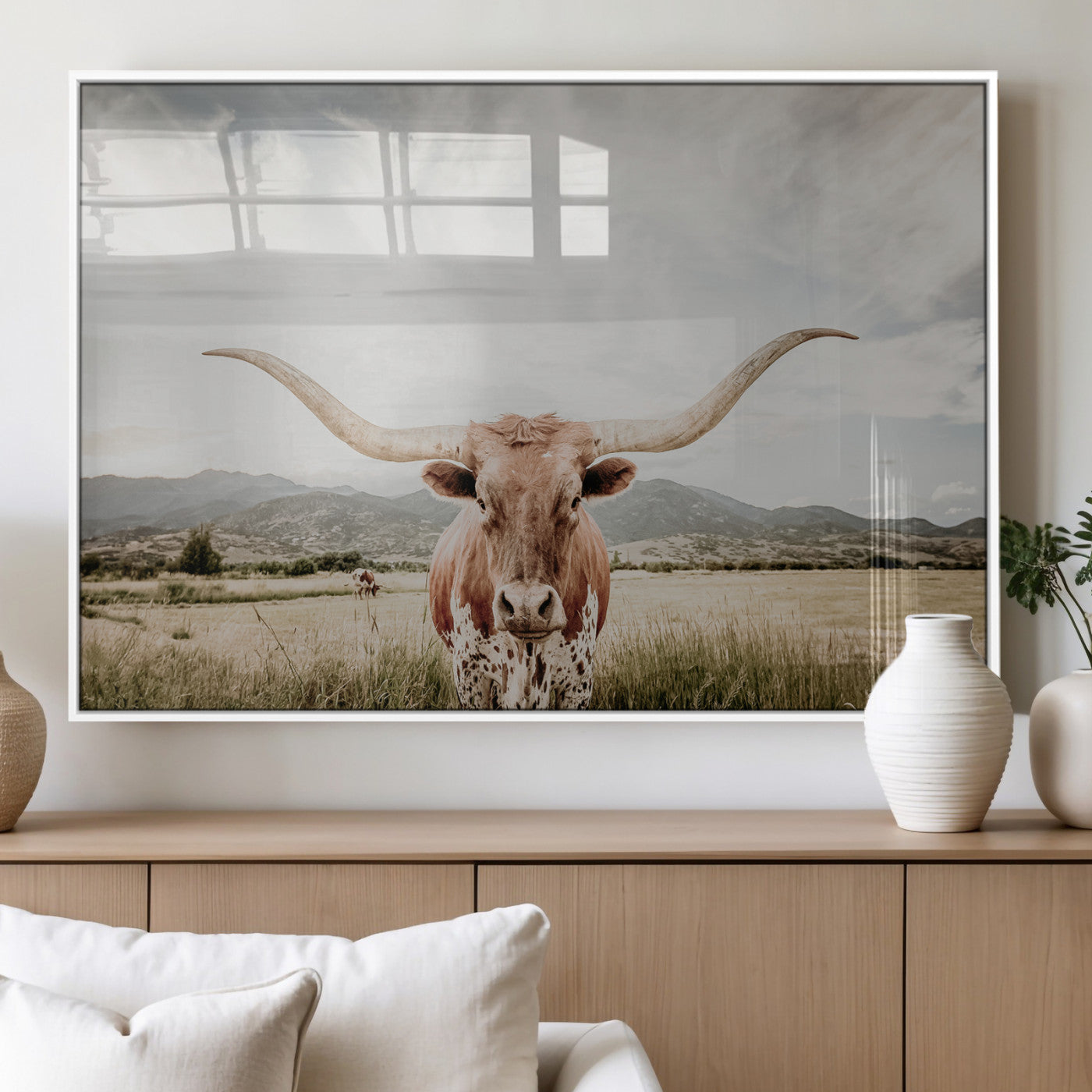 MGV-FP-60X30-3P - Texas Longhorn Wall Art Canvas Print, Framed Western Cow Art Picture Print, Rustic Farmhouse Perfect Farmhouse Decor Artwork