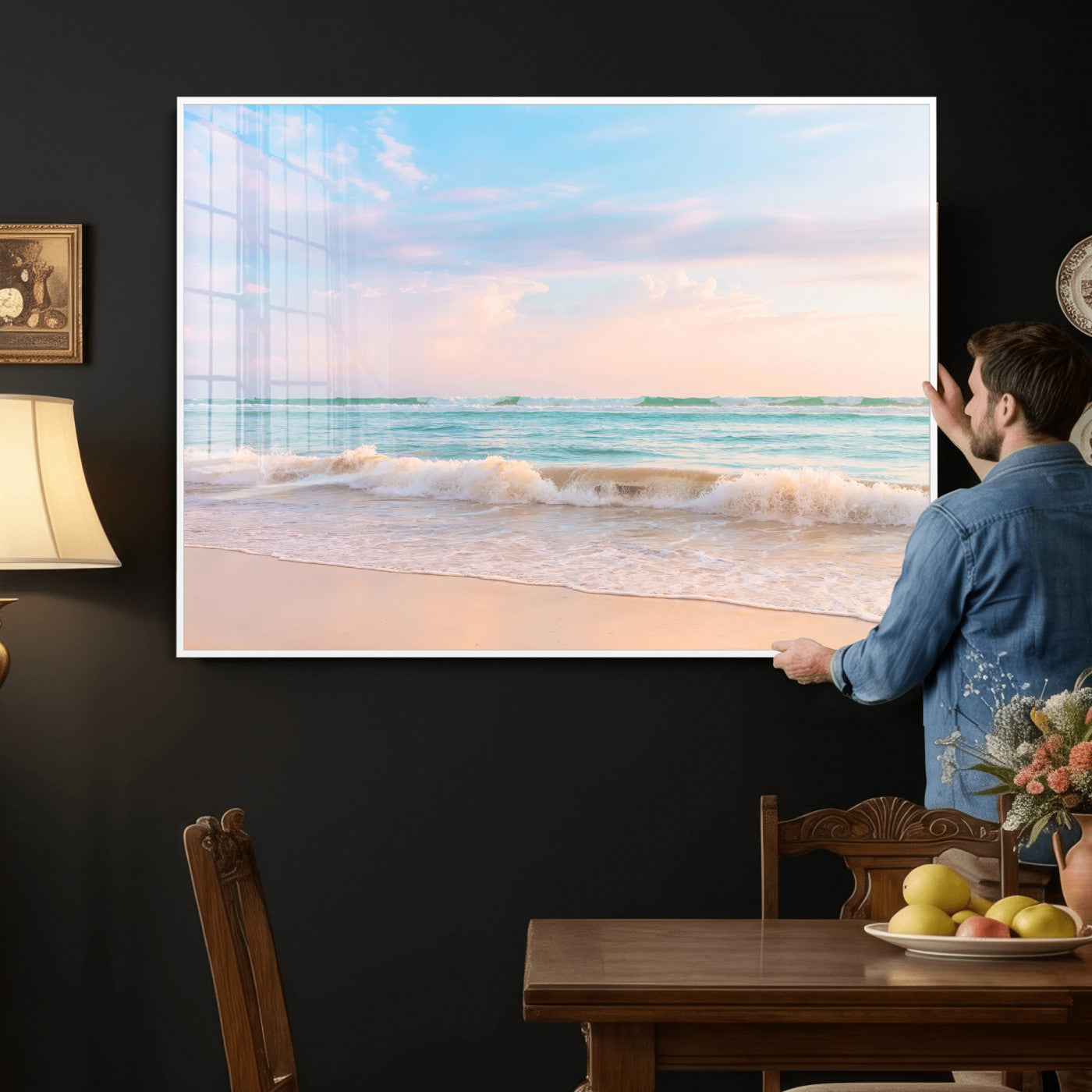 74679437-MGV-CV-36X24 - Serene Waves Wall Art – Golden Shore & Soft Pastel Sky Canvas Print, Gentle Ocean and Peaceful Sunset for Living Room or Office