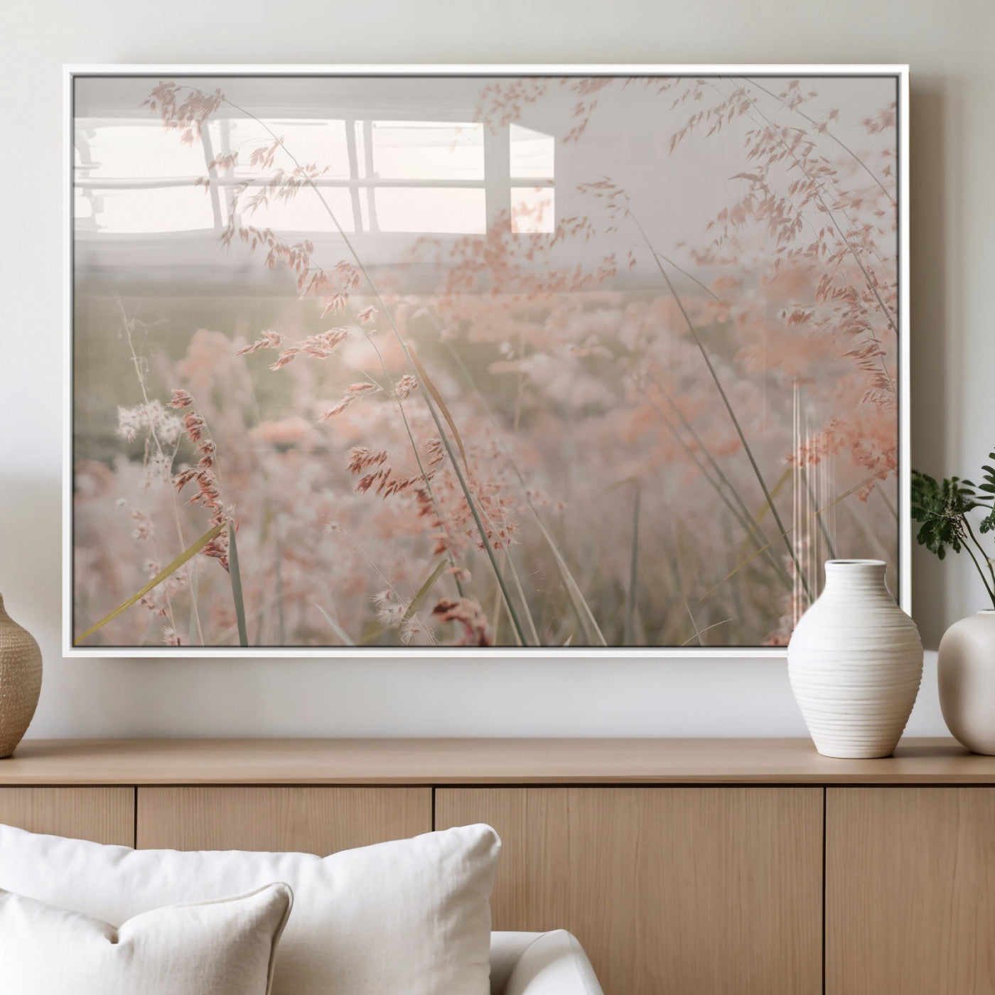 MGV-FP-60X30-3P - Pastel Grasses Wall Art Canvas Print, Framed Soft Meadow Art Picture Print, Field in Breeze Perfect Soft Pastel Minimal Decor Artwork
