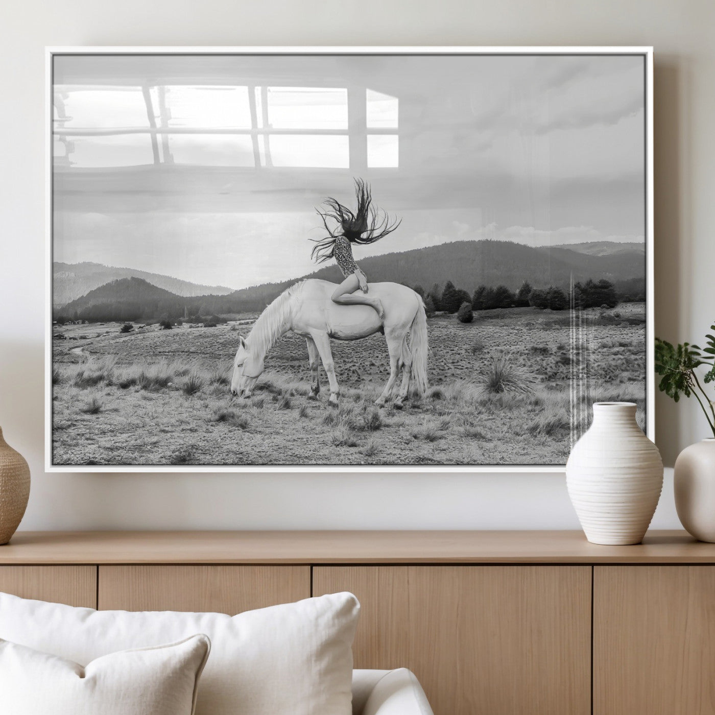 MGV-FP-60X30-3P - White Horse Wall Art Canvas Print, Framed Woman Rider Art Picture Print, Equestrian Pose Perfect Western Boho Decor Artwork