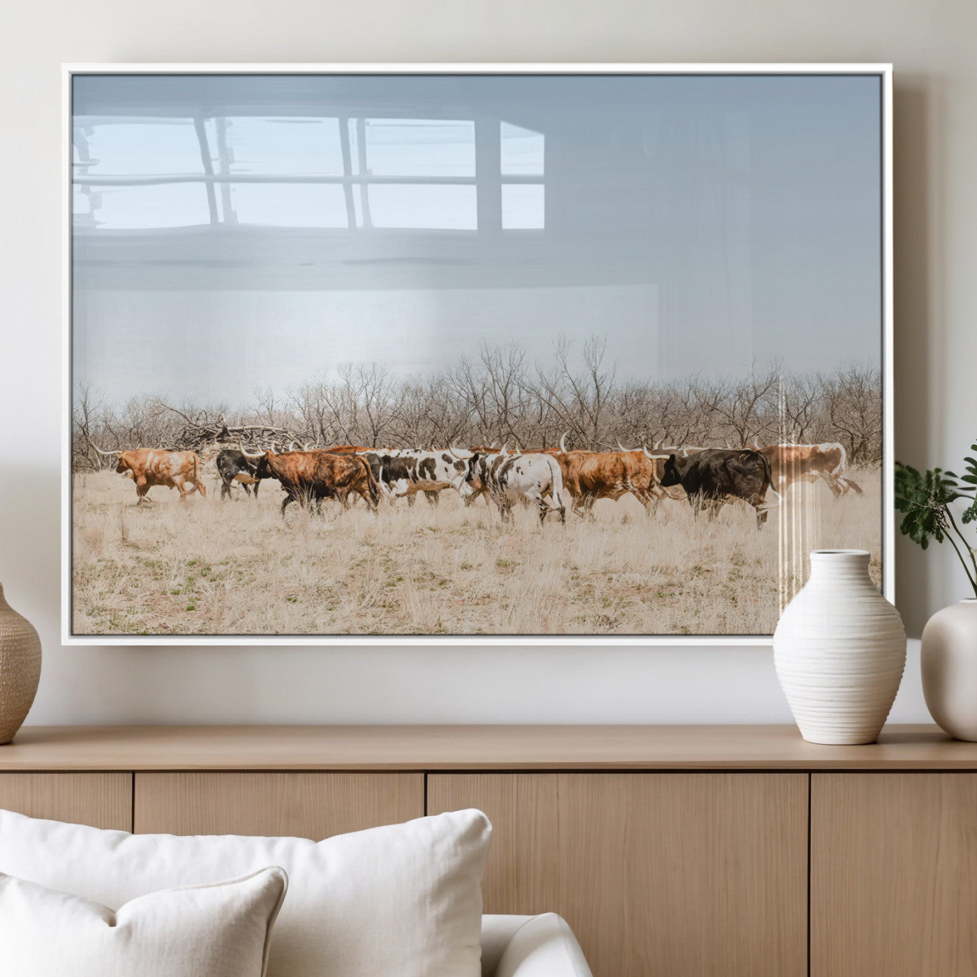 MGV-FP-60X30-3P - Texas Longhorns Wall Art Canvas Print, Framed Western Cattles Art Picture Print, Rustic Herd Perfect Rustic Farmhouse Decor Artwork