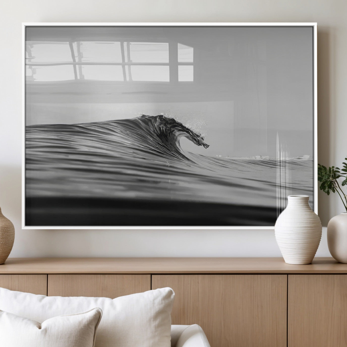 MGV-FP-60X30-3P - Black Wave Wall Art Canvas Print, Framed Abstract Surf Art Picture Print, Minimalist Ocean Perfect Minimalist Coastal Decor Artwork