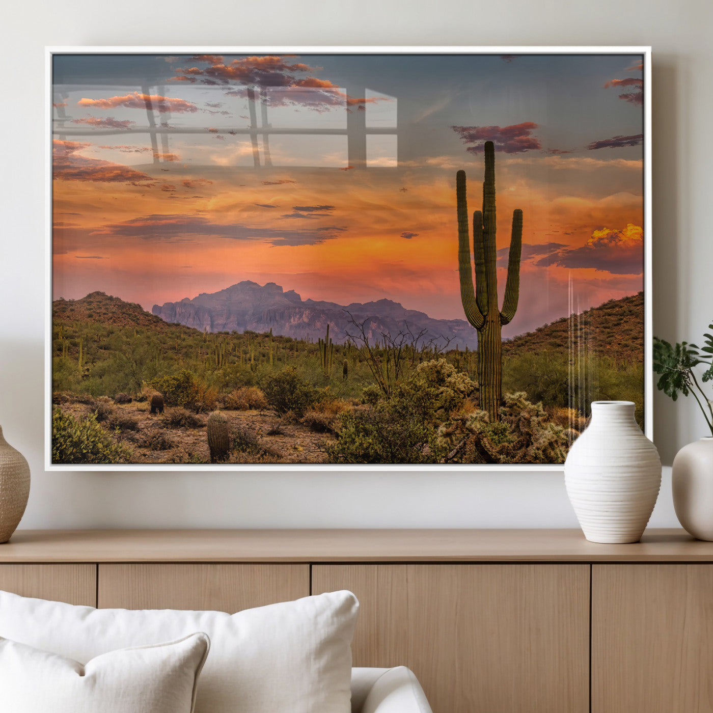 MGV-FP-60X30-3P - Saguaro Cactus Wall Art Canvas Print, Framed Arizona Sunset Art Picture Print, Sonoran Desert Perfect Southwestern Boho Decor Artwork