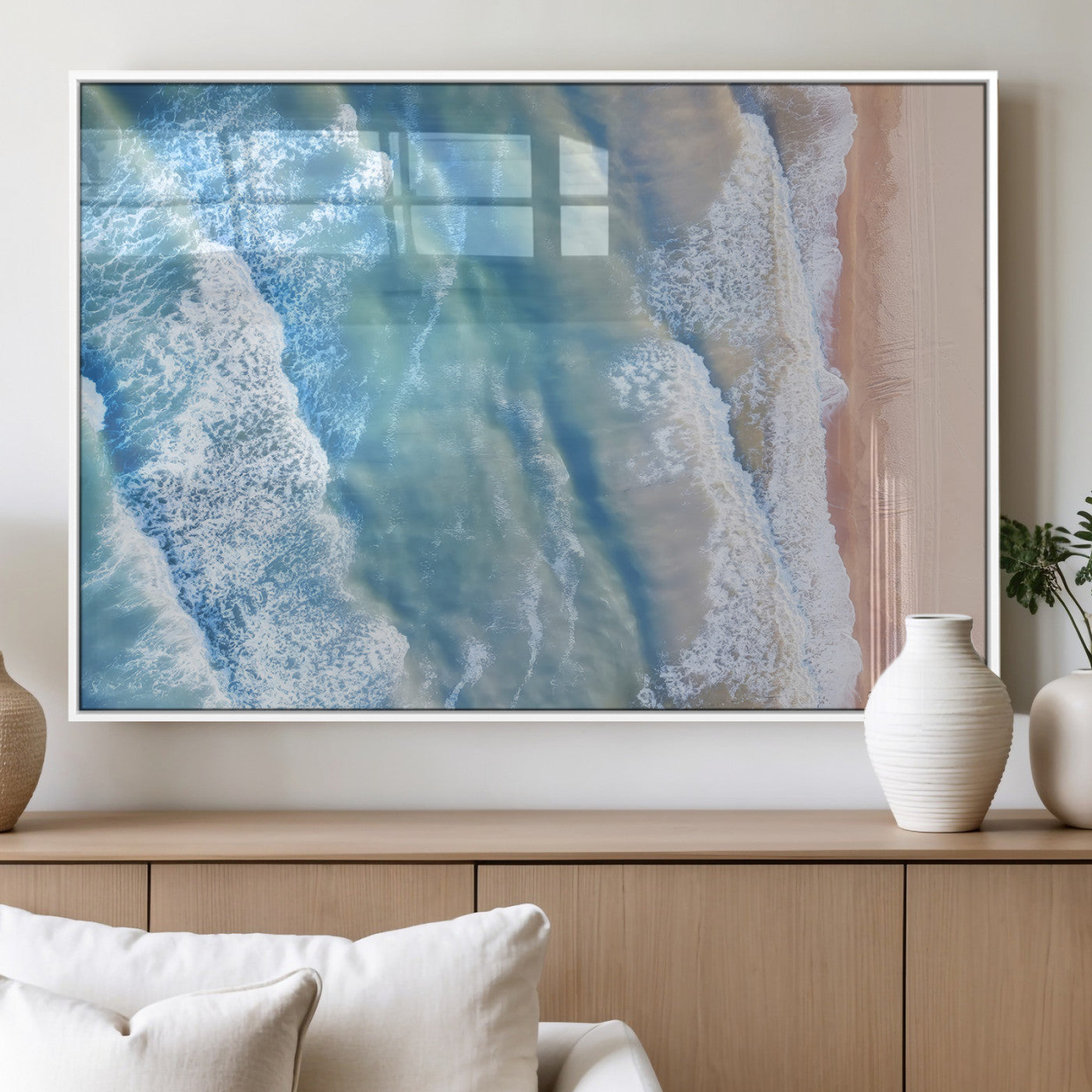 MGV-FP-60X30-3P - Aerial Ocean View Wall Art Canvas Print, Framed Soft Blue Waves Art Picture Print, Sandy Shoreline Perfect Modern Coastal Decor Artwork