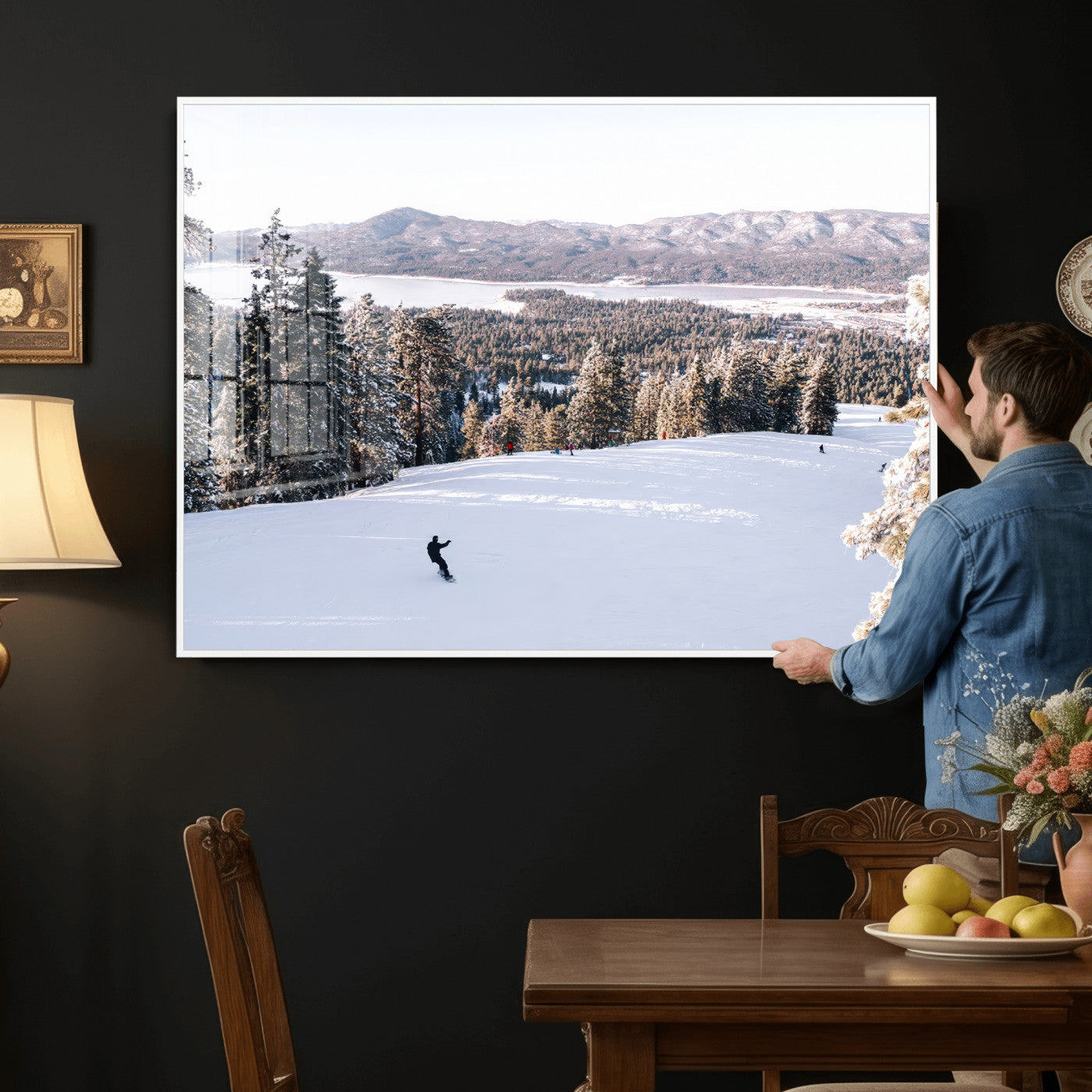 79857868-MGV-CV-36X24 - Snowboarder Wall Art – Winter Slope Canvas Print, Pine Forest, Snow-Covered Mountains, Outdoor Adventure for Living Room or Cabin Decor