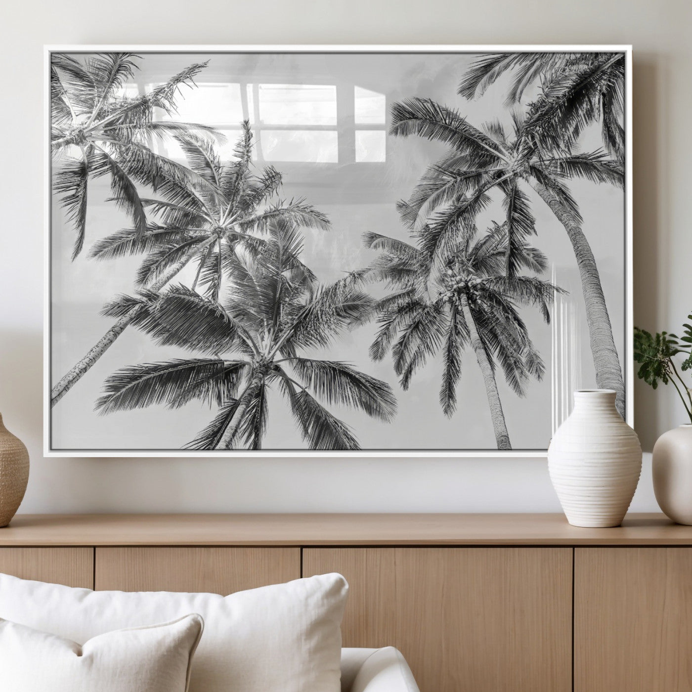 MGV-FP-60X30-3P - Black White Palm Wall Art Canvas Print, Framed Monochrome Tropics Art Picture Print, Minimalist Beach Perfect Coastal Minimalist Decor Artwork