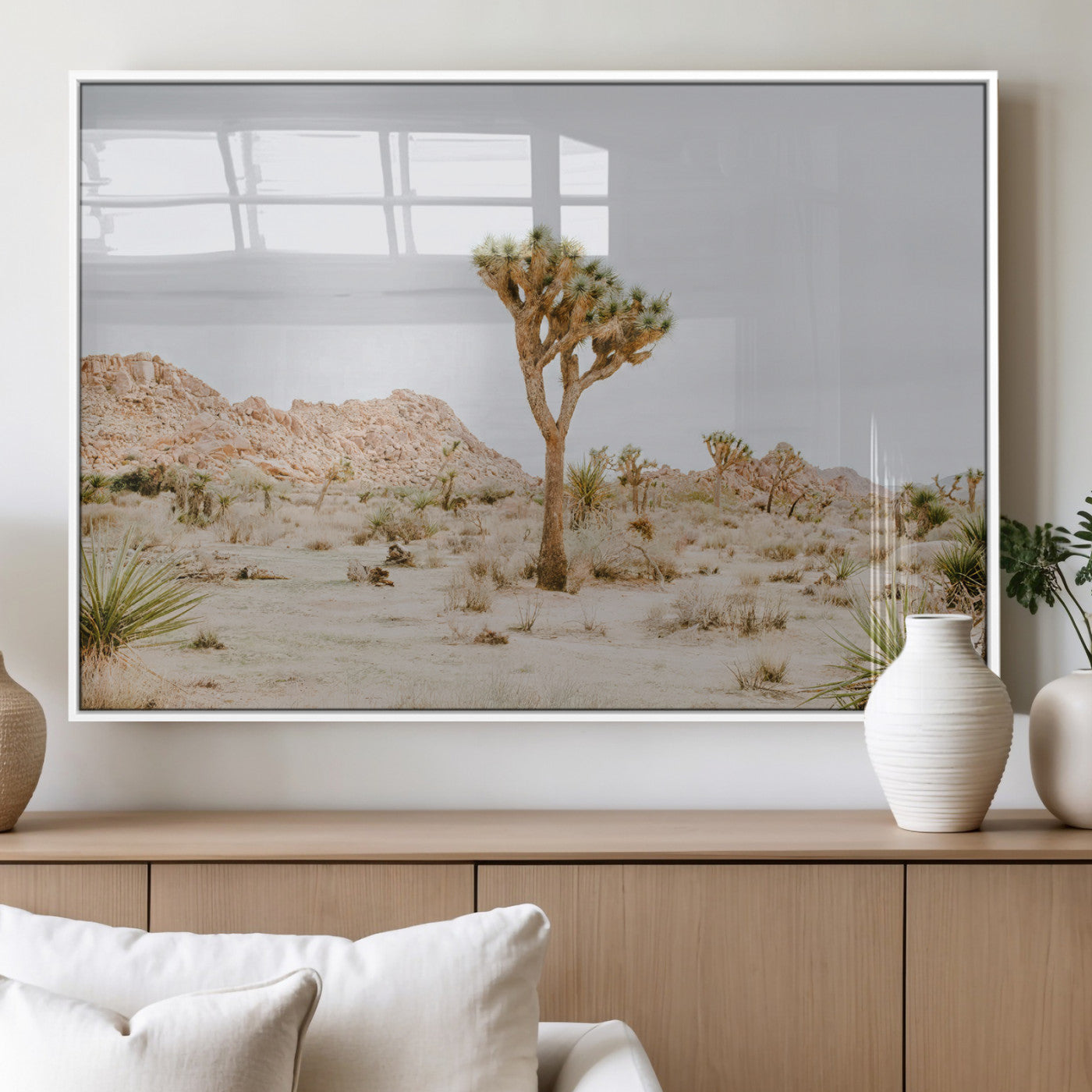 MGV-FP-36X24-3P - Joshua Tree Wall Art Canvas Print, Framed Neutral Desert Art Picture Print, Earthy Landscape Perfect Neutral Boho Decor Artwork