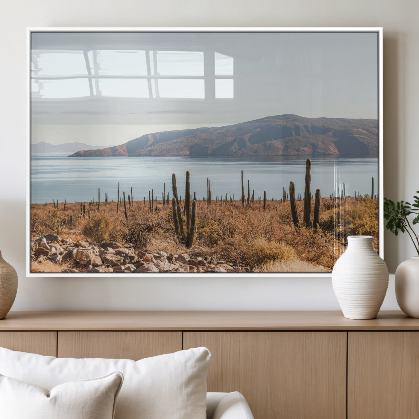MGV-FP-36X24-3P - Desert Cactus Wall Art Canvas Print, Framed Baja Coastline Art Picture Print, Coastal Desert Perfect Southwestern Minimalist Decor Artwork