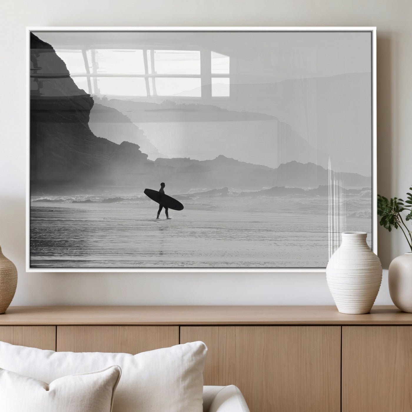MGV-FP-36X24-3P - Surfer In Fog Wall Art Canvas Print, Framed Moody Shoreline Art Picture Print, Cliffside Waves Perfect Minimalist Coastal Decor Artwork