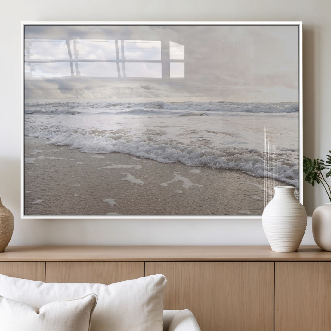 Ocean Waves Wall Art Canvas Print, Framed Coastal Shoreline and Sea Foam Scene