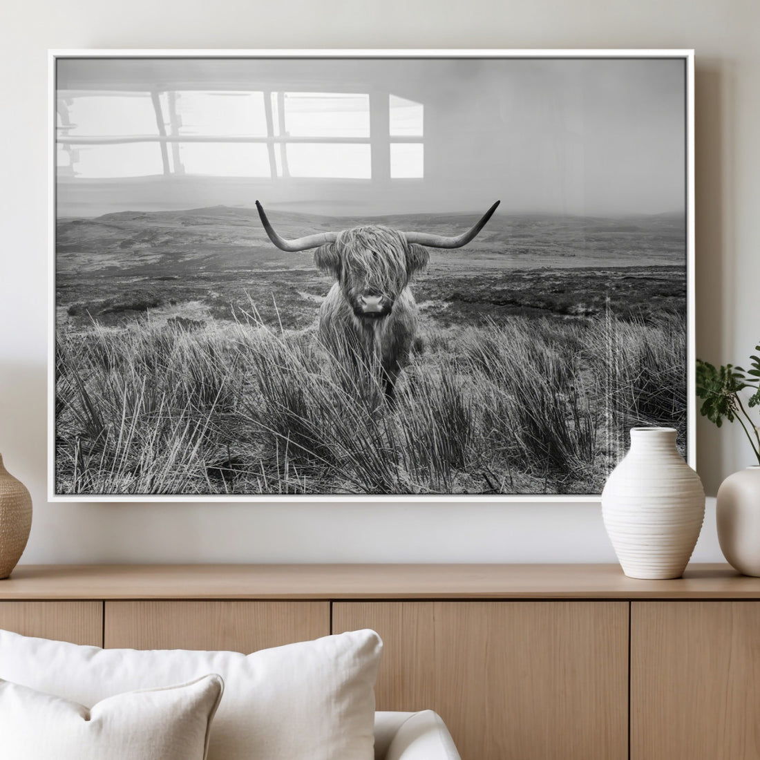 Monochrome Highland Cow Wall Art Canvas Print, Framed Scottish Bull Artwork