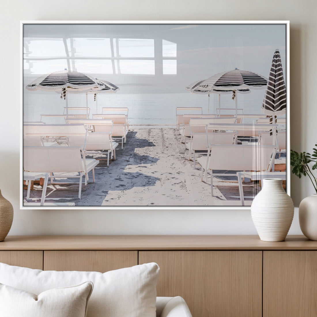 Minimalist Beach Wall Art Canvas Print, Framed Pastel Sand and Striped Umbrella Artwork