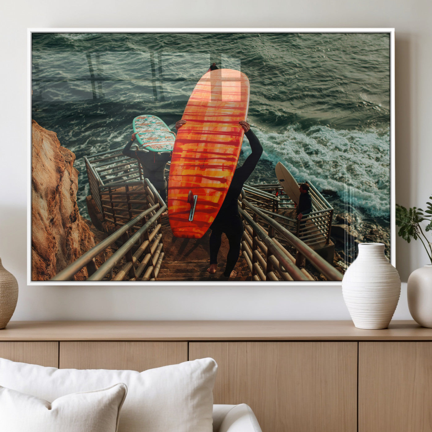 MGV-FP-36X24-3P - Surfer Stairway Wall Art Canvas Print, Framed Ocean Surf Art Picture Print, Sunset Coastal Perfect Coastal Adventure Decor Artwork