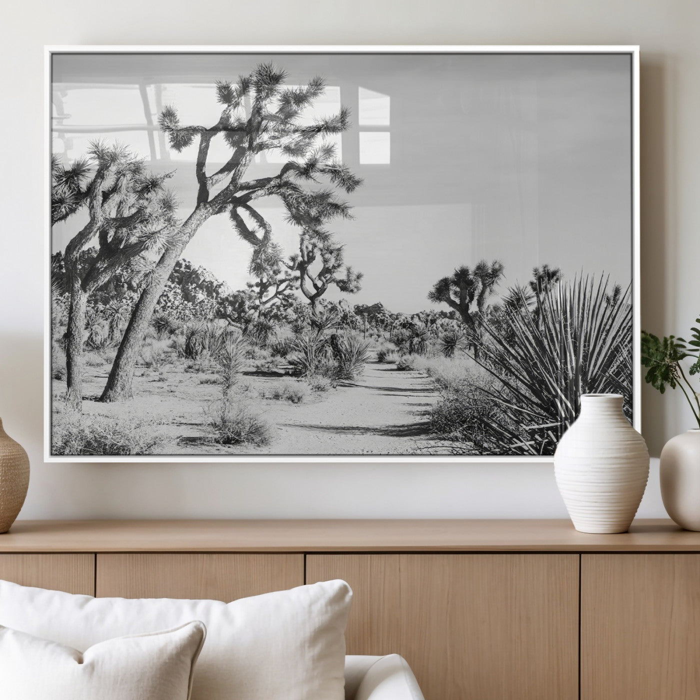 Canvas of a Joshua Tree forest in black and white tones, featuring a desert path and spiky vegetation, ideal for minimalist or rustic decor.