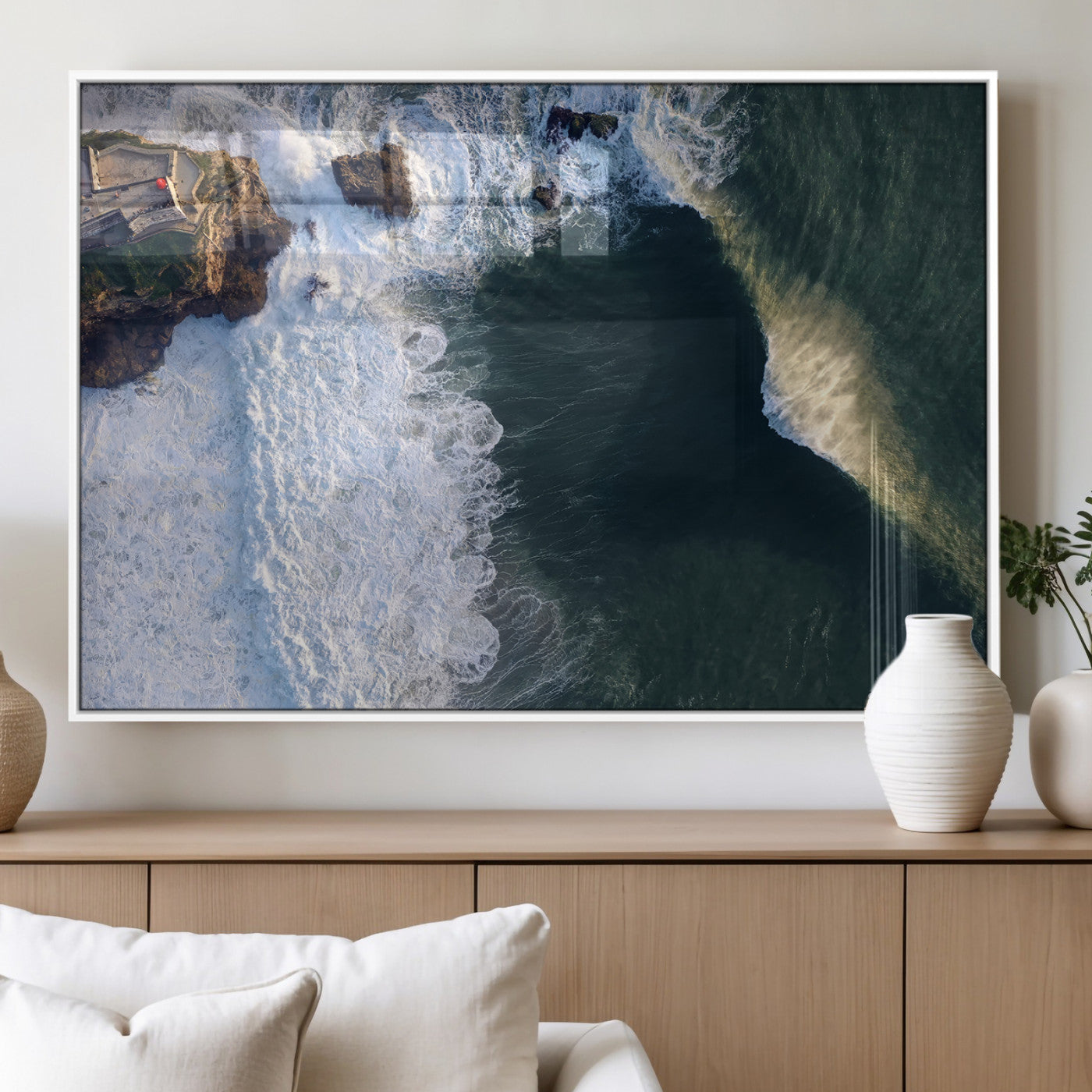 Canvas showing an aerial view of crashing waves along the Nazaré coastline, perfect for dramatic coastal or ocean-themed home decor.
