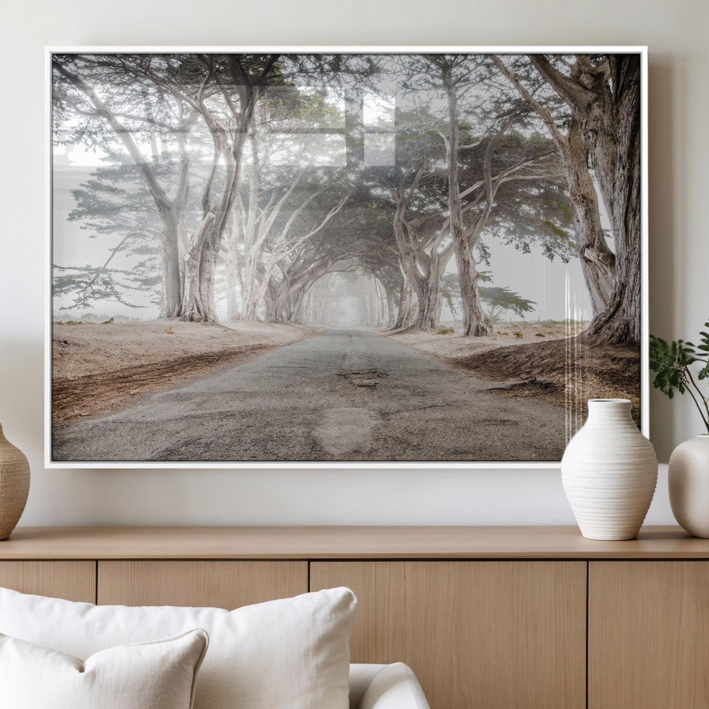 MGV-FP-36X24-3P - Cypress Tunnel Wall Art Canvas Print, Framed Misty Road Art Picture Print, Foggy Trees Perfect Rustic Woodland Decor Artwork