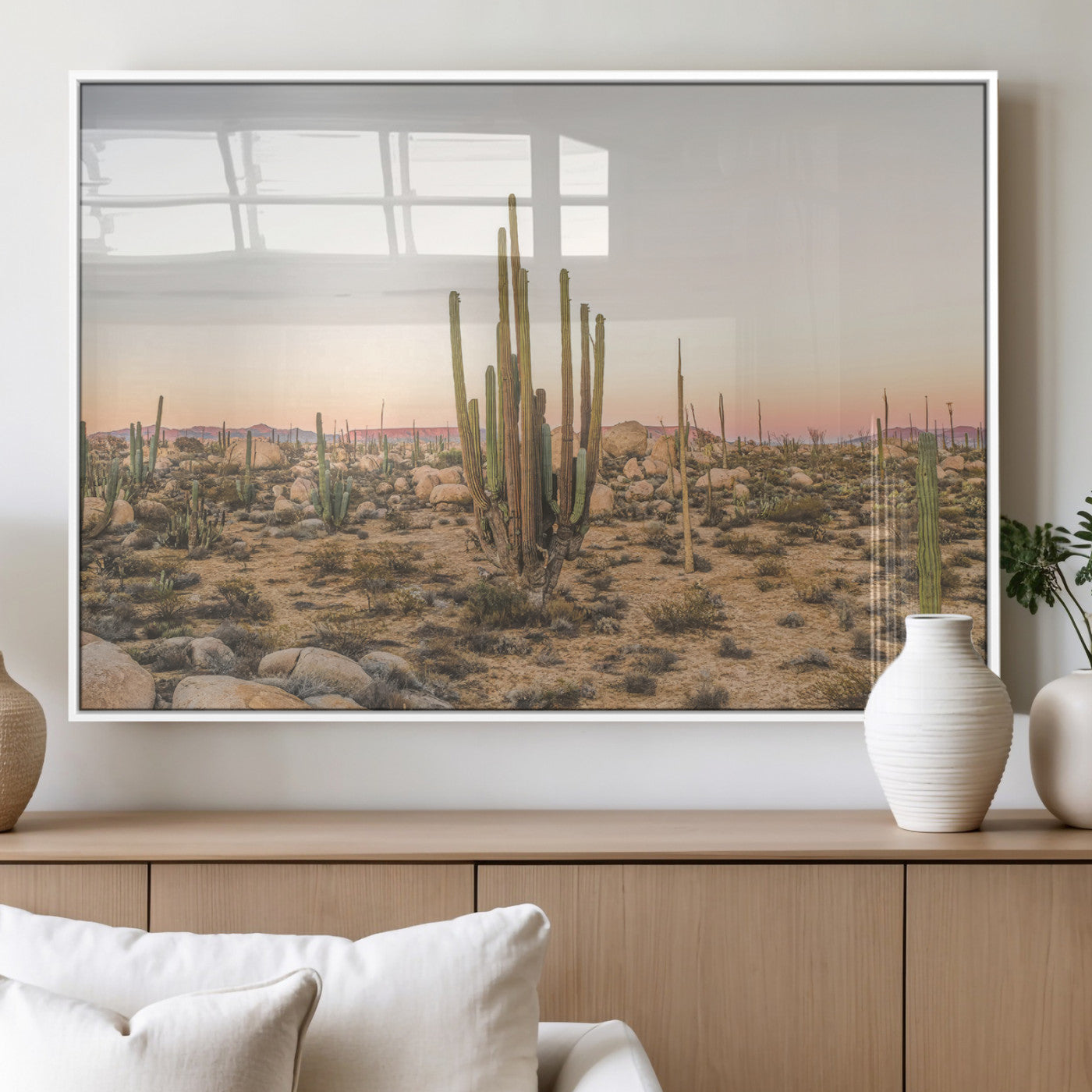Canvas of tall desert cacti in warm sunset tones over a rocky Baja landscape, ideal for earthy or Southwestern-style home decor.