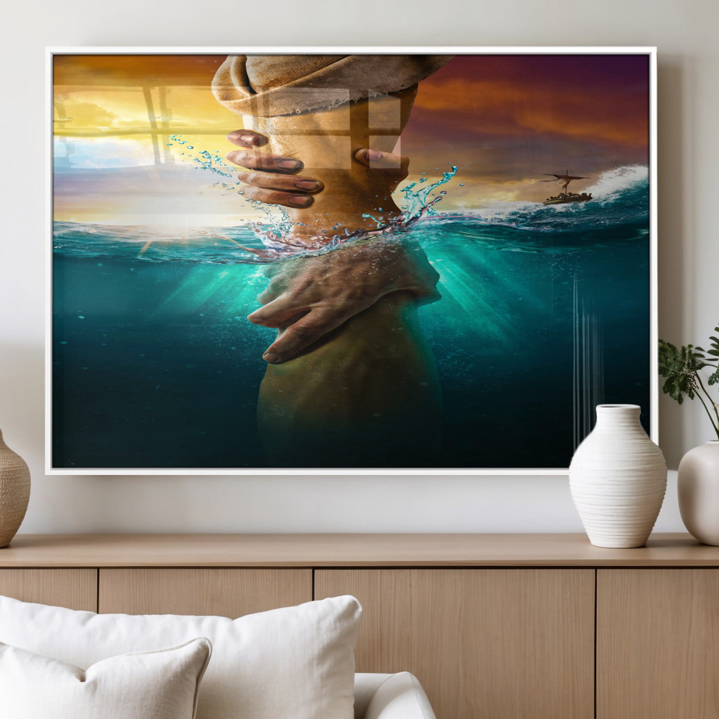 A dramatic scene of a hand reaching underwater and being lifted, symbolizing rescue and faith, ideal for spiritual or Christian wall decor.