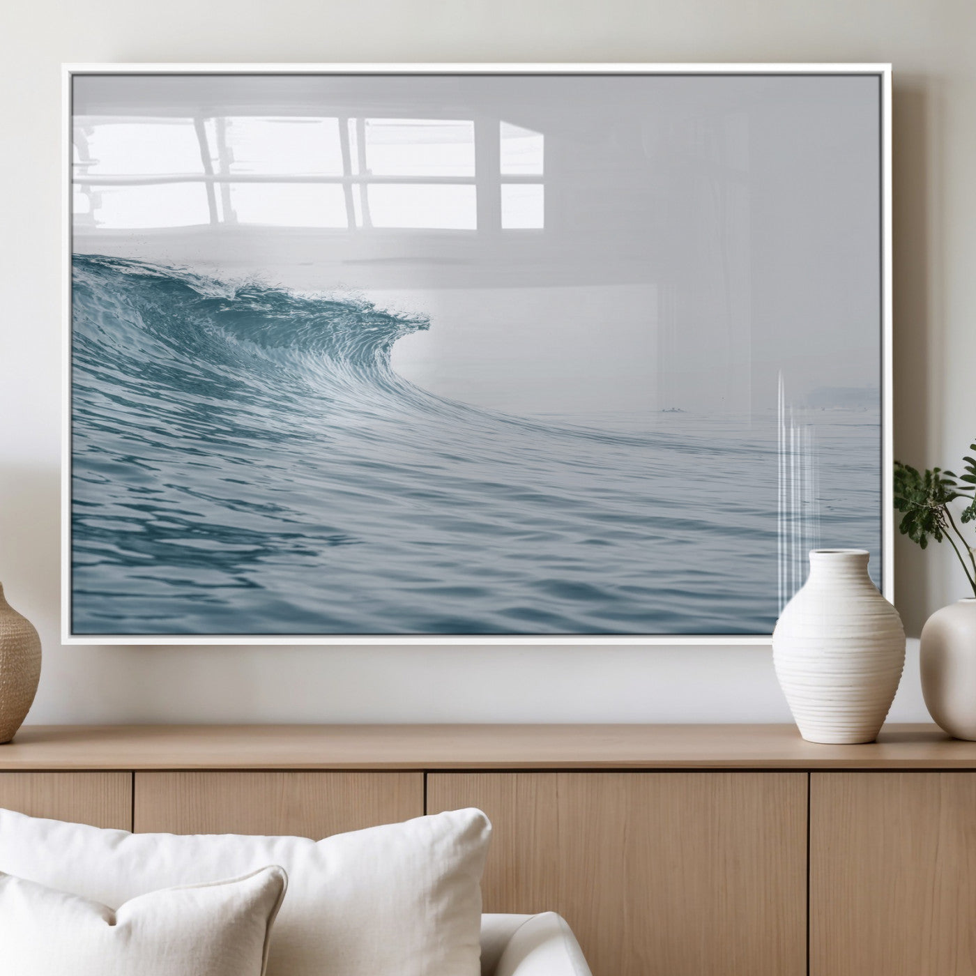 A single ocean wave curling in soft blue tones under a misty sky, ideal for coastal or minimalist home wall decor.