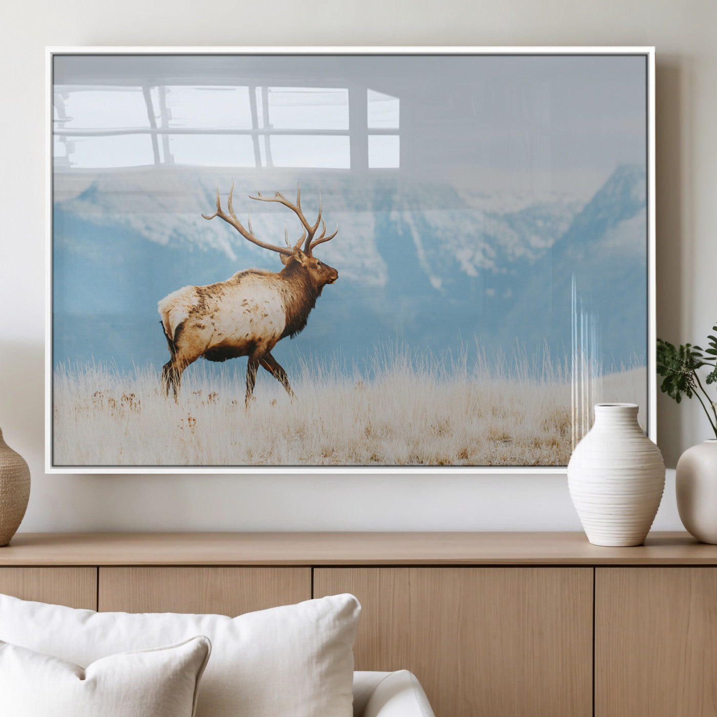 Majestic elk with antlers walking on golden grass, snowy mountains behind, perfect for rustic lodge or Scandinavian decor.