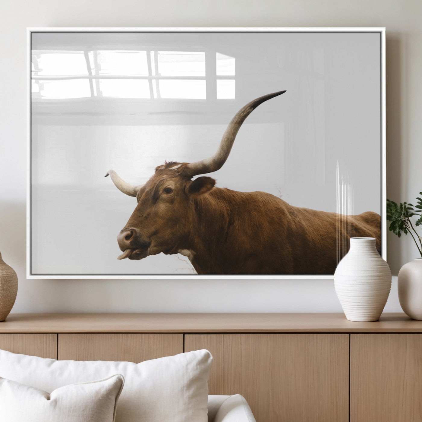 Side view of a brown Longhorn cow with curved horns on white background, perfect for rustic farmhouse or western-style home decor.